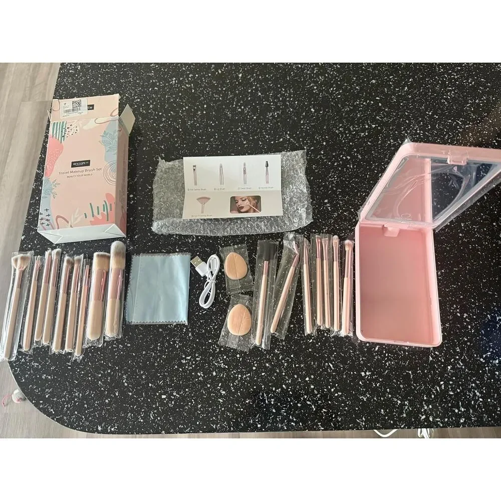 20 Pcs Pink Travel Makeup Brush Set With Led Light Mirror Holder & 2 Powder Puff